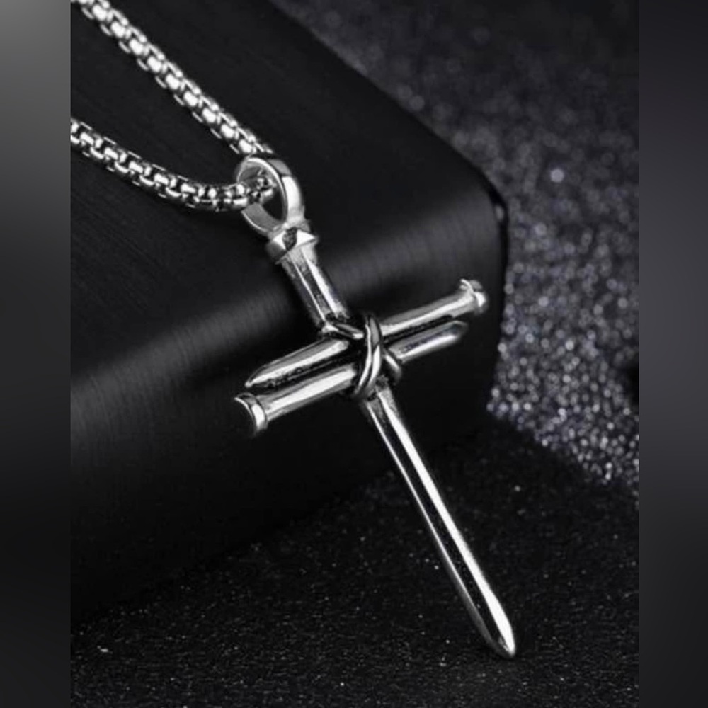 Unisex Stainless Steel Black Nail and Rope Cross Pendant